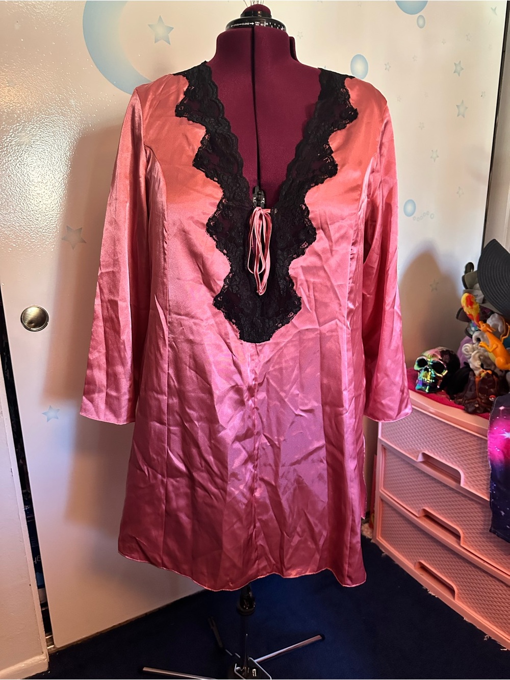 Vintage Fredrick’s of Hollywood Pink Satin Nightshirt with Black Lace Trim